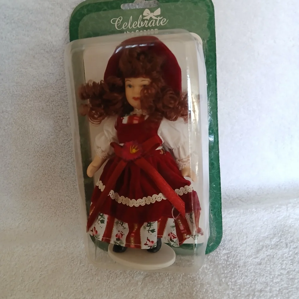 Collectible‎ Porcelain Doll Hand Painted Bisque in Red Dress